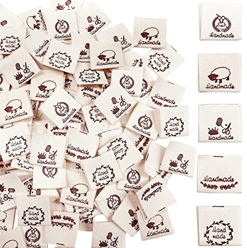 VZXQX Handmade Labels, 100 Stück Handmade Etiketten Stoff für Kleidung Label Nähen Handmade Aufnäher, Stoffetiketten Handmade Textiletiketten Kleideretiketten DIY Deko, Beige Mix 5 Muster
