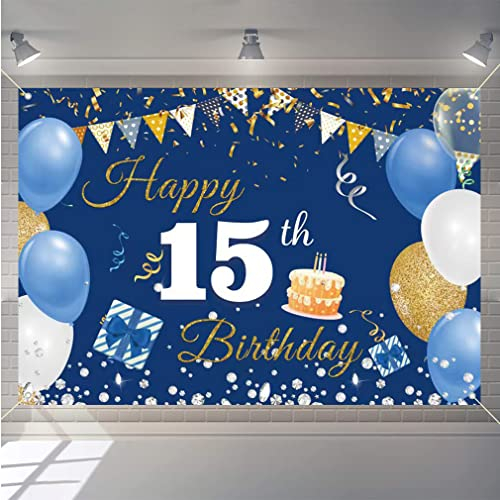 15. Geburtstag Deko Junge Mädchen, 15 Geburtstag Banner Blau Stoff Schild Plakat Hintergrund Banner Junge Geburtstagsfeier Deko