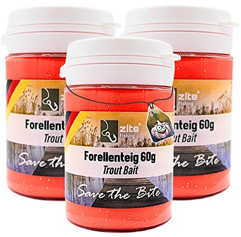 Zite Fishing Forellenteig-Set mit Knoblauch-Aroma 60g – Fängige UV-Aktive Forellenpaste Schwimmend als Forellenköder – Trout Bait Teigköder in knalligen Neonfarben mit Glitter - 3 Stück (Rot)