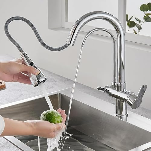 KINKIBOS 3 Wege Wasserhahn Küche - Messingkörper, 360° Drehbar Küchenarmatur mit Brause Ausziehbar, Trinkwasserhahn mit 2 Hebel, 3 in 1 Mischbatterie Küche für Wasserfilter, Chrom