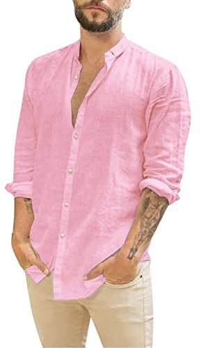 Camicia da uomo Buissnes in lino, minimalista in tinta unita, per il tempo libero, casual, elasticizzata, in lino, a maniche lunghe, vestibilità normale, in cotone, per autunno, Colore: rosa., M