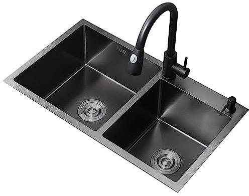 Küchen Küchenwaschbecken Eingebautes Aufsatzwaschbecken Doppelwaschbecken Edelstahlspüle Mit Wasserhahn-Abtropfkorb Küchenspülen (Color : Schwarz, S : 82 * 45 * 22cm)