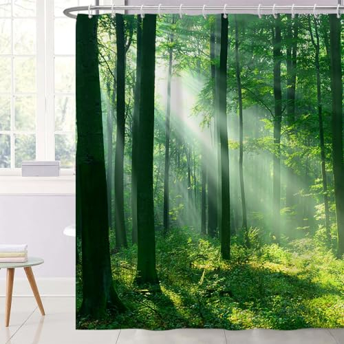 Ttincceer Grüner Wald Duschvorhang 152x183cm Regenwald Sonnenschein Waldland bei Sonnenaufgang Morgen Badezimmer Vorhang Natur Landschaft Schimmel Beweis Widerstandsfähig Duschvorhang Set