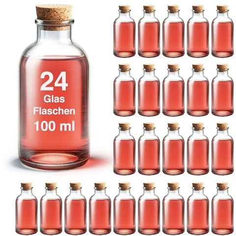 casavetro 24 x 100 ML Petites Bouteilles en Verre de 10 cm de Haut, Petit Vase avec décoration de Table en liège, Bouteilles pour Coffret de Mariage, Cadeaux d'invités
