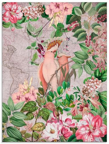 ARTland Wanddeko Glasbilder Wandbild Glas Bild einteilig 60x80 cm Hochformat Papagei Kakadu Garten exotische Pflanzen Blumen Vintage U4VW