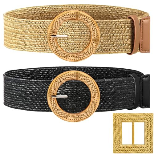 Lot de 2 Ceintures Tressées pour Femme - Large Ceinture Élastique Avec Boucle en Paille Tissée - Noir, Kaki, M