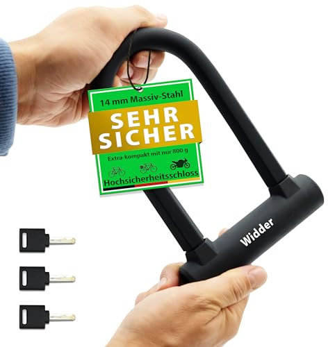 WIDDER kleines Bügelschloss Fahrrad [Hochsicherheitsschloss nur 800g] – 14mm Massiv Stahl Bügel – Fahrradschloss hohe Sicherheit – Halterung & 3 Schlüssel, e Bike Lock e Scooter U Lock Rennrad Schloss