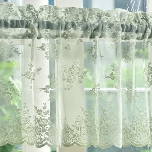Kotile, Tenda mantovana trasparente per finestre, verde salvia chiara, stile rustico, con motivo floreale, in pizzo, lunghezza 45,7 cm, mantovana filtrante per la luce, 132 x 45,7 cm, 1 pannello