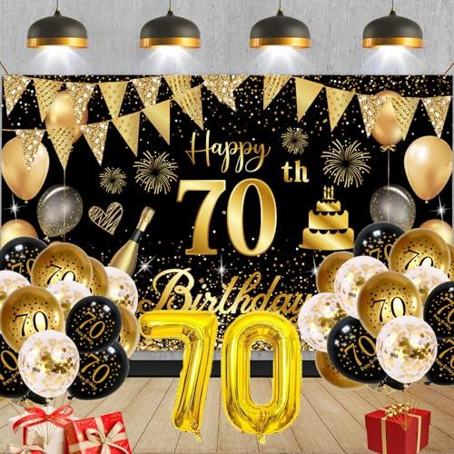 70 Geburtstag Deko, Deko 70 Geburtstag Frauen Mann, Groß Banner und Schwarz Gold, für Frau Mann Deko 70. Deburtstag