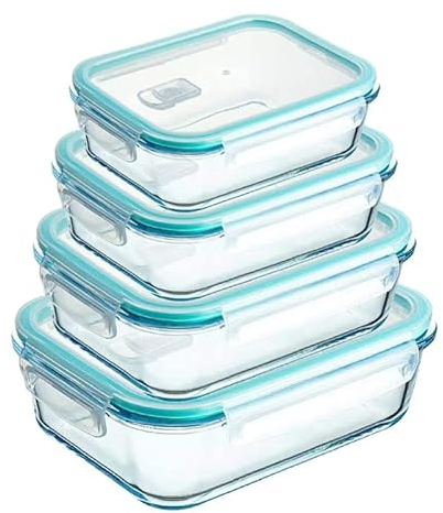Premium-Glasbehälter mit Deckel, 4 Stück, Frischhaltedosen, Küchen- und Kühlschrankaufbewahrung, luftdichte Lunchbox, spülmaschinenfest, mikrowellengeeignet, Premium-Glasbehälter mit Deckel, 4 Stück