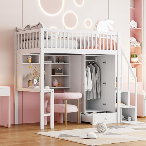 Hochbett Kinderbett 90×200 mit Kleiderschrank, Schreibtisch und Stauraum Treppe, Funktionsbett Jugendhochbett Doppelbett Etagenbett, Holzbett mit Rausfallschutz und Lattenrost, Ohne Matratze (Weiß)