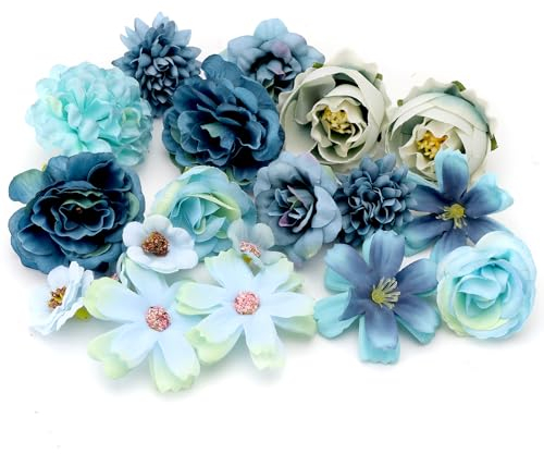 TNSLAND 20 Stück Künstliche Blumen zum Basteln, Blumendeko Stoffblumen zum Aufnähen, Streudeko Blumen Plastik Blumen, Blaue Blumen für Kopfschmuck Partydekoration Haus Hochzeit Handgemacht, Blau