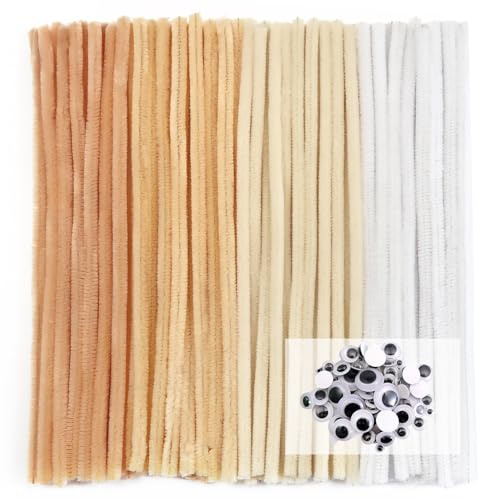 TOAOB 100 Stück Pfeifenputzer zum Basteln 4 Verschiedene Weiß Chenilledraht | Pfeifenreiniger 6 mm x 30 cm, Pipe Cleaner Basteln Set, mit Wackelaugen Selbstklebende, für DIY Handwerksprojekte