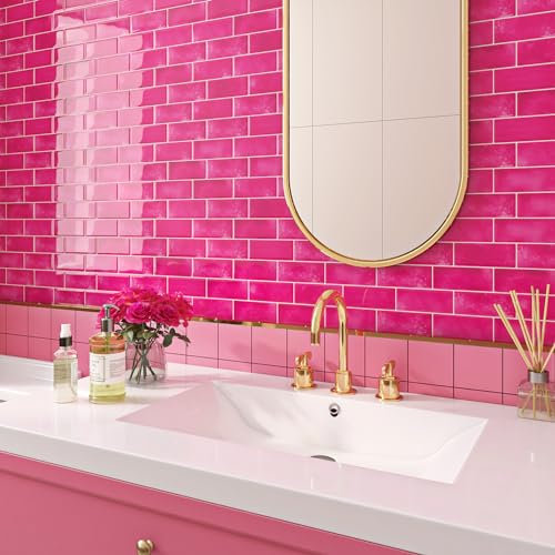 Livelynine Klebefliesen Bad Wand 3D Fliesenaufkleber Küche Rosa 30x30 Selbstklebende Fliesen Küchenrückwand Erikaviolett Badezimmer Fliesen Uberkleben Rosa Dunkel Metro Fliese Selbstklebend, 32 Stück