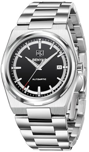 BENYAR Herrenuhr Automatik Mechanische Armbanduhr Edelstahl Armband Leuchtend Wasserdicht Klassisch Einfach Business Elegant Kalender (Negro)