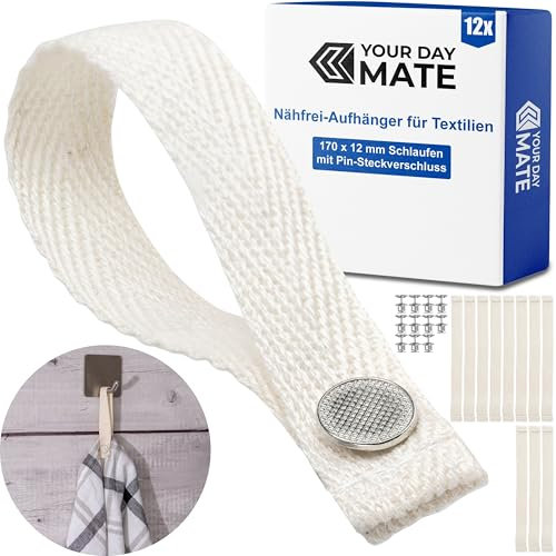 Nähfrei-Aufhänger für Textilien, 12 Pack, 150 x 12 mm Schlaufen, in Weiß, aus Baumwolle, mit Pin-Knopfverschluss, Aufhänger Schlaufen für Geschirrhandtuch, Bad Handtuch, Lappen, Dekoartikel, Camping
