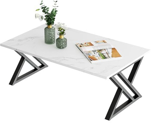 Couchtisch, Wohnzimmertisch, Sofatisch aus Holz, Kaffeetisch, Beistelltisch für Wohnzimmer, Einfache Aufbau, X Streben, Offener Stauraum, 100 x 48 x 55 cm, Marmor Weiß und Schwarz Metallgestell