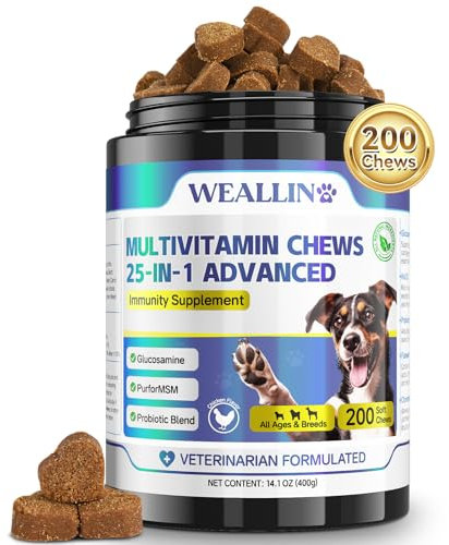 WEALLIN 25-in-1 Multivitamin Supplements for Dogs - Multi-Vitamin Treats For Dogs Multivitamin Chewable Dog Vitamins For Heart,Skin,Coat,Natural Balance,Digestion for All Ages 200 Chews Chicken Flavor