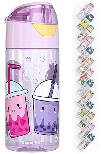 BEARFOOT Trinkflasche Kinder 450ml, leichte Tritan Wasserflasche, BPA frei, auslaufsicher, Kohlensäure geeignet, spülmaschinenfest für Jungen, Mädchen, Kleinkind (Lila - BubbleTea)