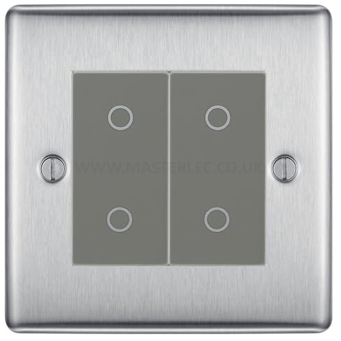 BG NBSTDM2G Brushed Steel 2 Gang Double Master Touch Dimmer Switch Grey Inserts