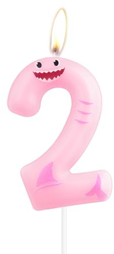 Pink Shark Candles, Number 2 Birthday Candles,Shark Party Toppers for Cake,2nd Happy Birthday Candle,Shark Theme Party Decorations for Boy Girl Baby