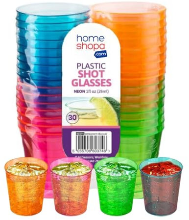 HOMESHOPA 30Pk Neon Plastic Shot Glasses 28ml, 1oz Reusable Colourful Rainbow Vodka Shot Cups, Perfect Tumblers for Drinking Games, Sample Tasting, Wedding, Camping, Travel, Birthday Party & Events