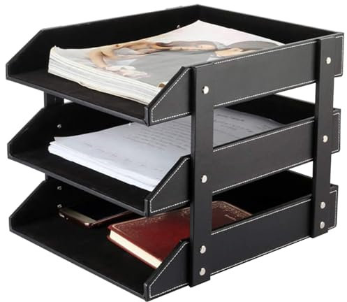 XNONE Leather Letter Tray,Stackable Desk Tray Organizer,Office Supplies Trays Holder for Document,Stationery,Magazines,Newspapers,Letters Perfect Office Organization for Desktop (Black,3 Tier)