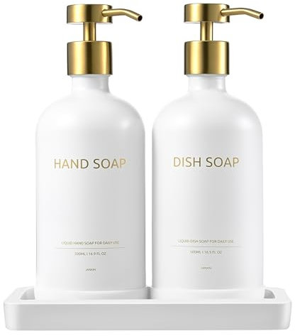 Janxin 500ml Distributeur de Savon en Verre avec Plateau Distributeur, Distributeur Savon Verre, Distributeur De Savon Set, Convient pour la Cuisine, La Douche(Flacon Blanc + tête dorée)
