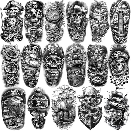 Lot de 77 feuilles de tatouages temporaires avec tête de mort, boussole, ancre, épée pour adultes et enfants