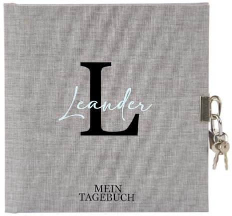 AWASG Tagebuch Buchstabe Initiale - Personalisiert mit Name - Journal Gedanken Notizbuch - 96 Blanko Seiten mit Schlüssel und Schloss (grau)