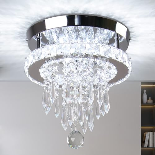 FRIXCHUR 25 cm Runde Kristall LED Deckenleuchte, Chrom, Kaltweiß, Modern | Glänzende Kristall-Deckenlampe in Chromoptik mit kaltweißem LED-Licht für Schlafzimmer, Wohnzimmer, Flur, Korridor und Küche