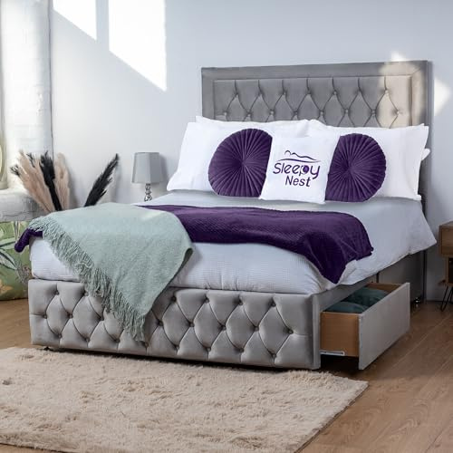 Sleepy Nest Middleton Chesterfield Divan Bed with Plush Velvet, Orthopedic Mattress & Multiple Storage Options | 26” Headboard & 12” Footboard(Grey,4FT6 Double 2 Drawers Same Side)