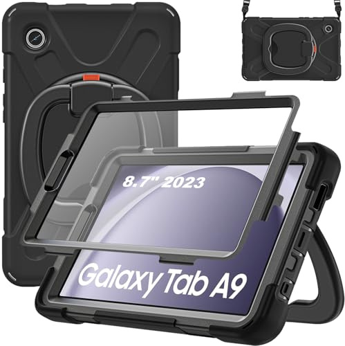 Case for Galaxy Tab A9 8.7 inch 2023, with Screen Protector/Rotating Stand/Shoulder Strap/Pencil Holder (Black)