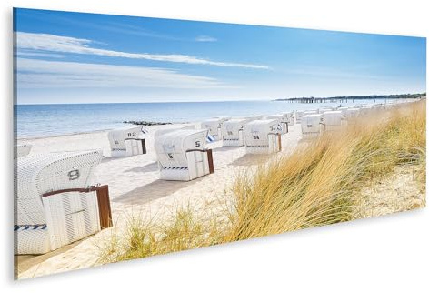 islandburner Leinwandbild Strandkörbe an der Ostsee unter blauem Himmel im Sonnenschein - Leinwand 120x40cm - Panorama