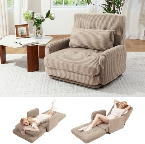 HomeMiYN Faltbares 4-in-1 Sofa Bett, Klappbares Schlafsofa & Gästebett, Relaxsessel mit Schlaffunktion, Sitzsack Alternative für Wohnzimmer, Schlafzimmer Khaki