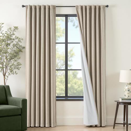 100% Blackout Curtains for Bedroom Decor Beige Linen Textured Insulated Thermal Curtains with Blackout Lining Living Room Curtains 84 Inch Long Noise Reducing Drapes Back Tab Window Drapes 2 Panels