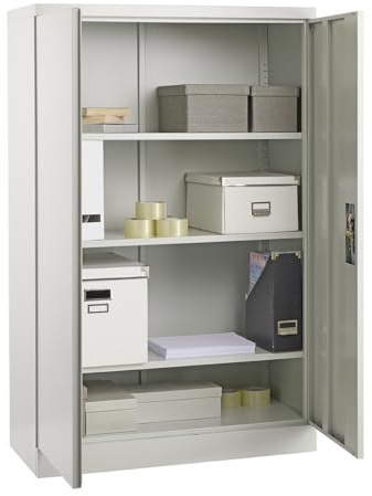 MMT Furniture Grey Steel Storage Cabinet - 2 Door Lockable Filing Cabinet -Storage Cupboard for Home, Office Documents, Files, Pantry - 3 Shelf Unit 75cm x 40 x 140cm