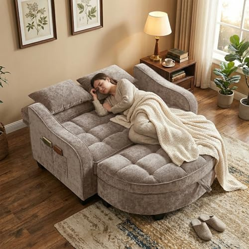 AliSefaiy Sofa mit Schlaffunktion, Schlafsofa Klein, 132×129×93cm 2-in-1 Schlafsofa Und Aufbewahrungs-Hocker & 4 Kisse, für Kleine Wohnzimmer, Studienzimmer, Schlafzimmer (Braun)