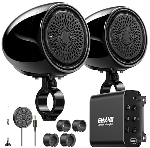 Ehaho Haut-parleurs de moto Bluetooth étanches de 10,2 cm avec amplificateur, contrôle des fils, FM, USB, compatible avec Harley, VTT, scooter, chariot de golf à 4 roues, jet ski, noir