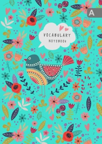 Vocabulary Notebook: B6 Notebook 2 Columns Small with A-Z Alphabetical Tabs Printed | Folk Bird and Floral Design Turquoise