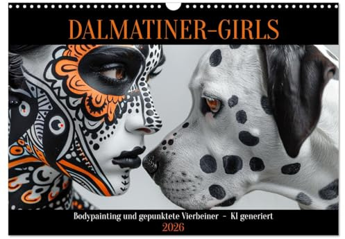 Dalmatinergirls (Wandkalender 2026 DIN A3 quer), CALVENDO Monatskalender: Kunstvoll bemalte Frauengesichter und herzliche Dalmatiner - KI generiert (CALVENDO Kunst)