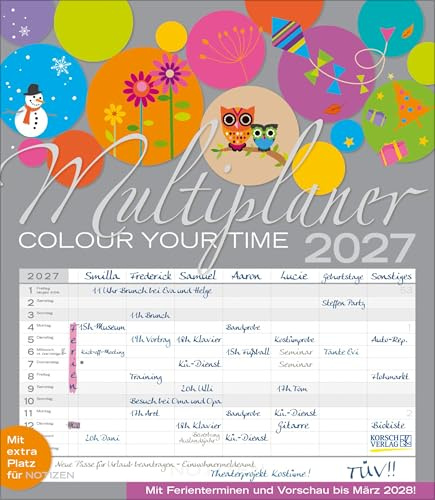 Multiplaner - Colour your time 2027: Familienplaner, 7 breite Spalten. Großer Familienkalender mit Ferienterminen, extra Spalte, Vorschau für 2027 und Datumsschieber. Format: 40x46 cm