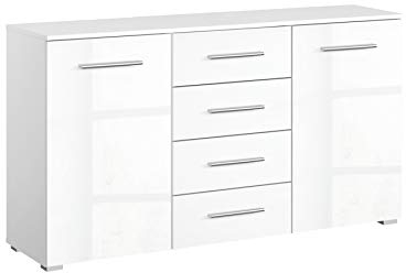 Rauch Möbel Imposa Schlafzimmer Kommode,Kommode in Hochglanz Weiß 2-türig mit 4 Schubladen inklusive Zubehörpaket Basic 2 Einlegeböden BxHxT 140 x 81 x 42 cm
