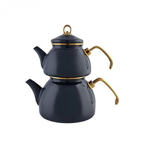 Karaca Retro Emaille Teekannen Set, Anthracite, Induktionsgeeignet, Teekocher, Wasserkocher, Teeaufguss 1,1L, Wasserkanne 2,3L, Türkische Teekessel, Tea Maker, Caydanlik