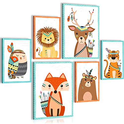 Novart Wandbilder Set Tiere Indianer - KEIN EXTRA RAHMEN BENÖTIGT - Modern Deko - Kinderzimmer Mädchen Junge N000263a