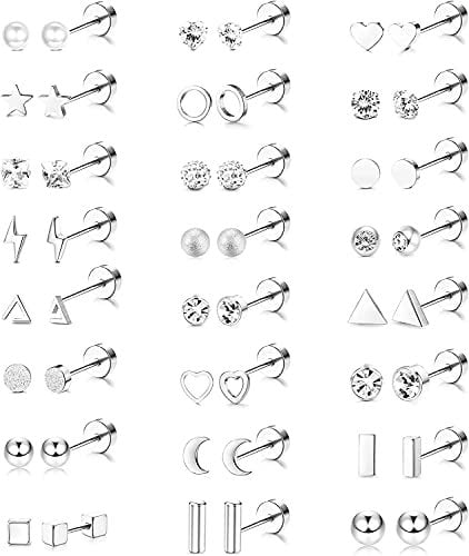 MILACOLATO 24 Pairs Stainless Steel Stud Earring for Teens Girls Women Cartilage Tragus Barbell Studs Rhinestone Inlaid CZ Ear Screwback Ear Piercings Jewelry Silver