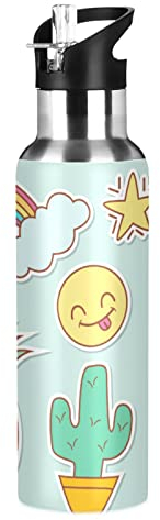 KAAVIYO Süße Emotionssammlung Trinkflasche Wasserflasche mit Strohhalm 600ML Edelstahl Auslaufsicher Wasserkanne Water Bottle