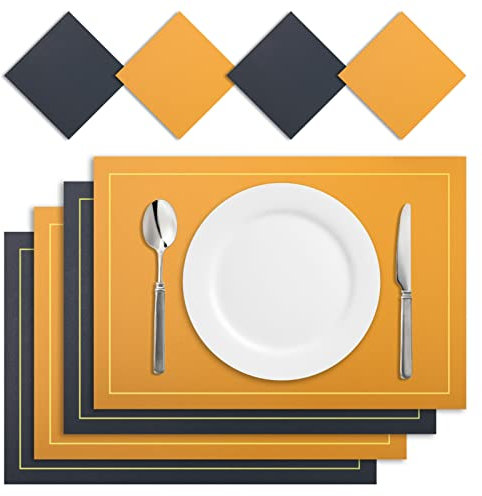 Tischsets Abwaschbar Leder und Untersetzer, 4er Set Doppelseitigen Platzset, rutschfest PU Platzdeckchen Leder Kunstleder Tischset (Blau Gelb, Eckig)