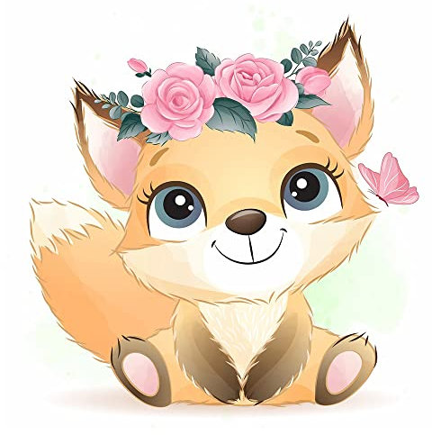DCIDBEI (30 x 30 Pintura de diamante redonda 5D Anime, diseño de flores con diamantes, bordado de diamantes Zorro Diamond Painting kit Completo, decoración de pared, Bebé Zorrito con Rosas