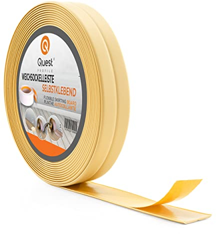 Quest Plinthe Souple Autoadhésive - 10 mm x 10 mm - Bande de finition en PVC pour cuisine, salle de bain - Bande d'étanchéité Flexible, Etanche, Décorative - 5 mètres - Crème